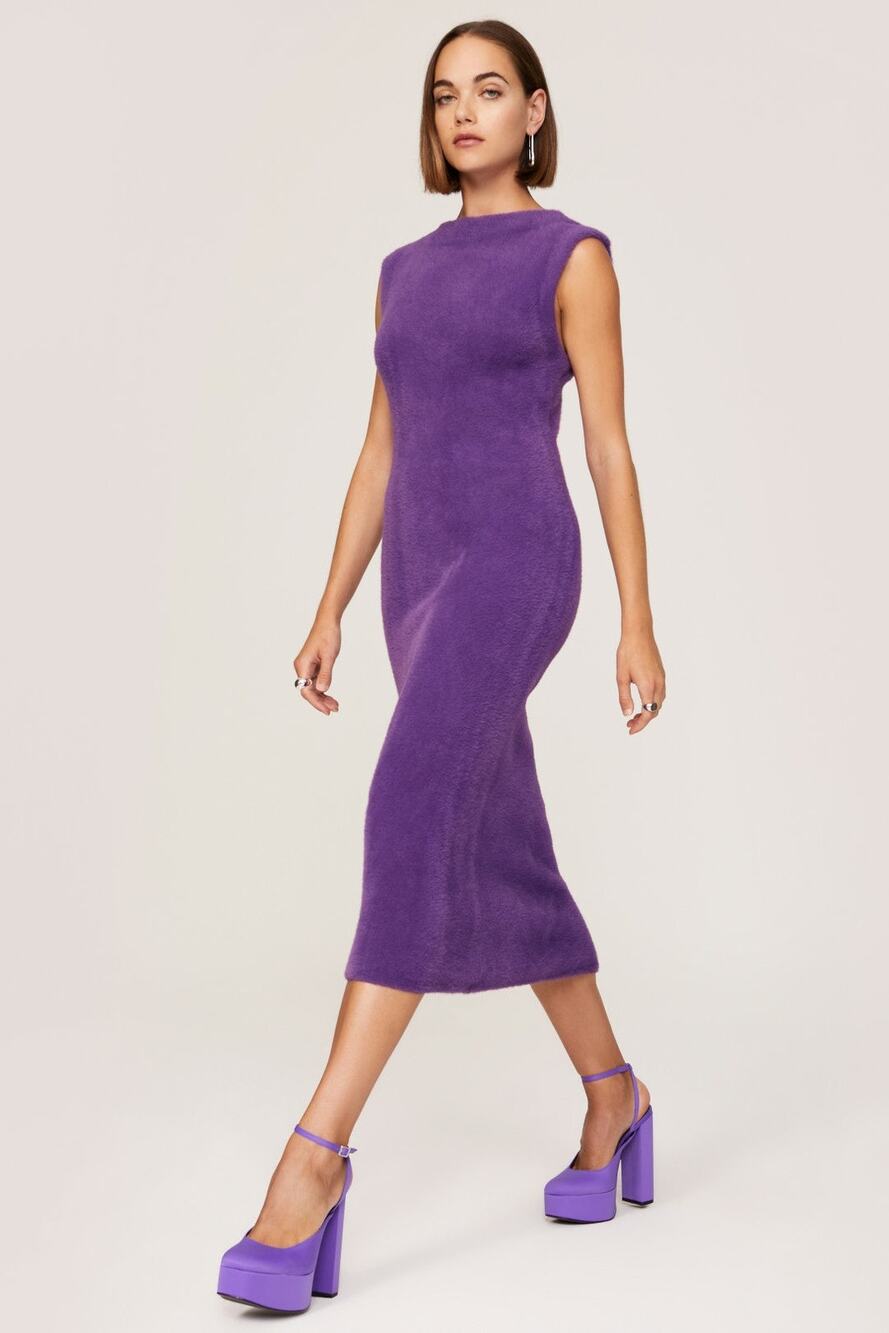 Simon Miller Runa Fur Dress Midi Bodycon Purple Crew Neck Sleeveless Sz L